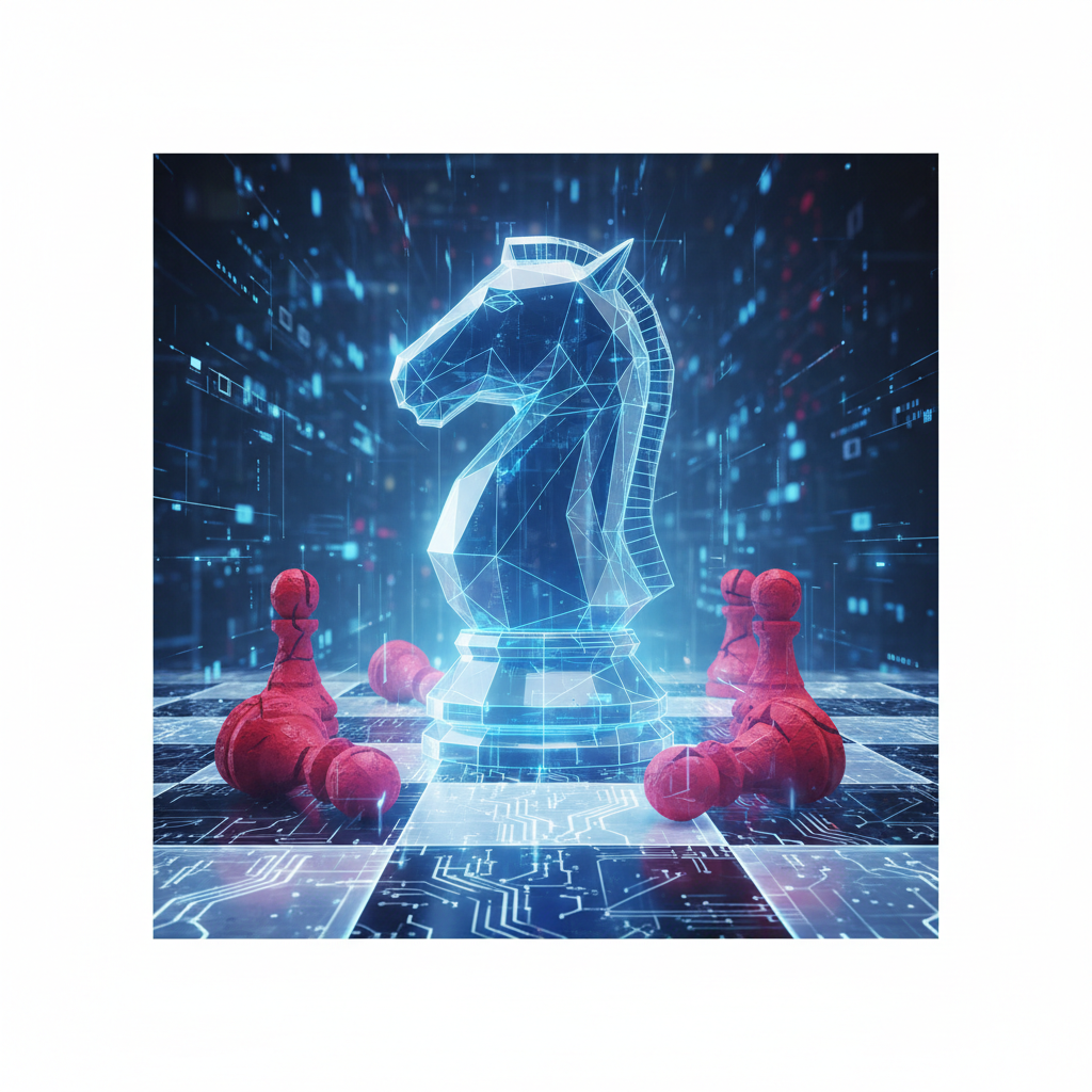 Abstract chess board concept, with a blue technologically advanced Knight piece dominating simple red pawns, symbolizing strategic advantage in cybersecurity