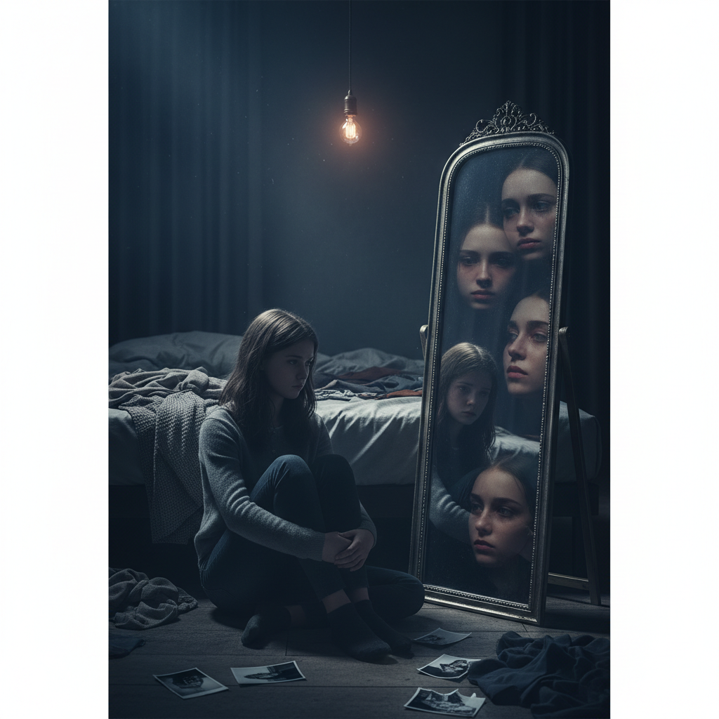 sad girl looking in mirror, distorted reflection, dark moody bedroom, insecurities concept, cinematic lighting