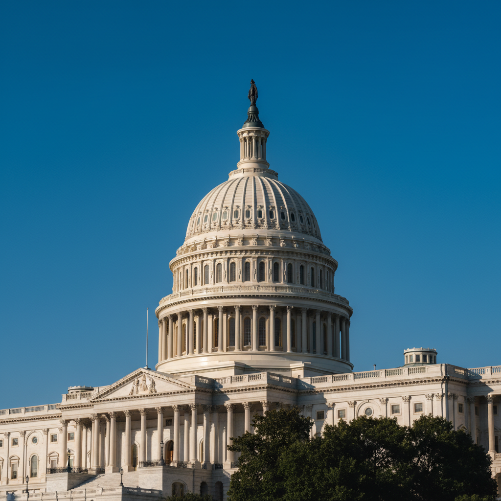 US Capitol building dome, blue sky, low angle shot, symbol of American law and democracy, photorealistic, high detail