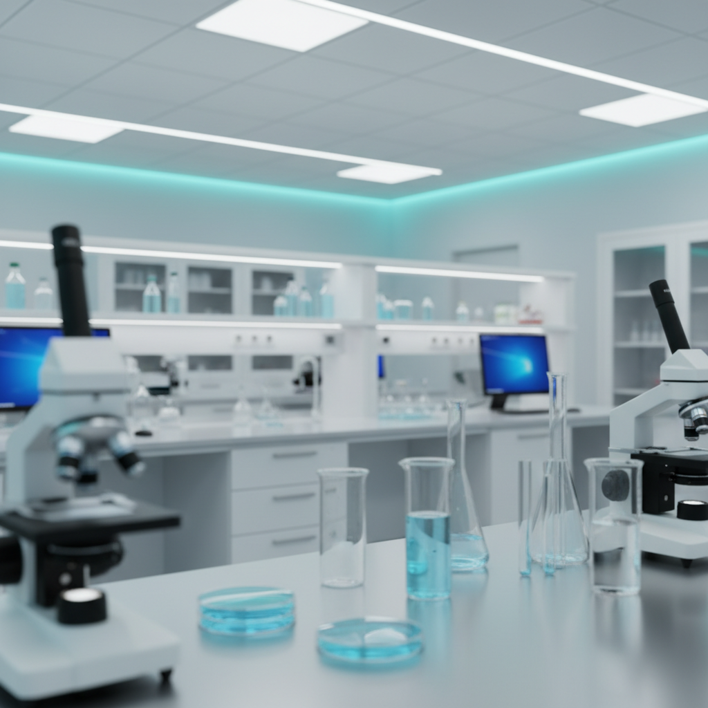 Medical laboratory background, blurred microscope equipment and glassware, clean white and cyan lighting, sterile clinical environment
