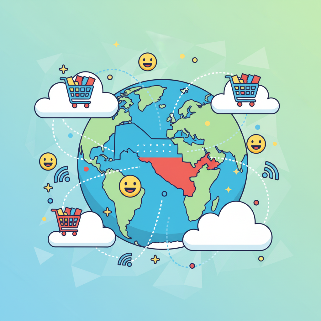 Cartoon infographic style illustration showing a globe with lines connecting Uzbekistan to digital clouds, happy emoticons and shopping cart icons popping up, informative and fun