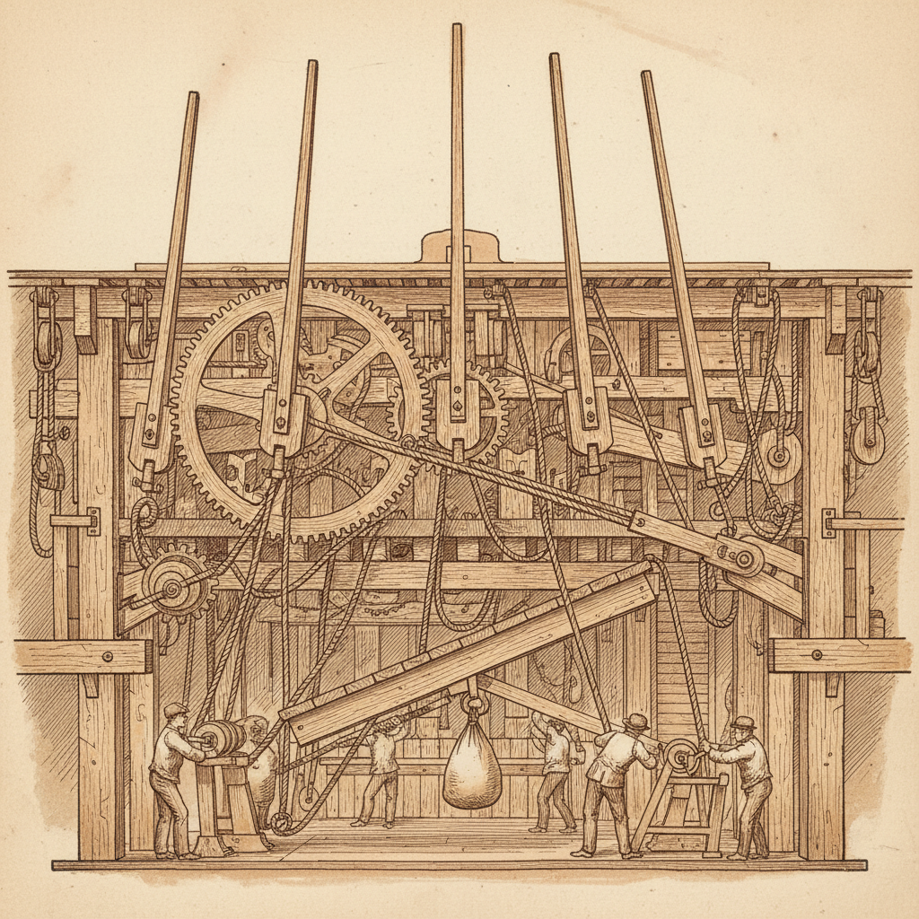 Detailed drawing of 19th century stage machinery, wooden gears, ropes, pulleys under the stage floor, cross section view, sepia tone