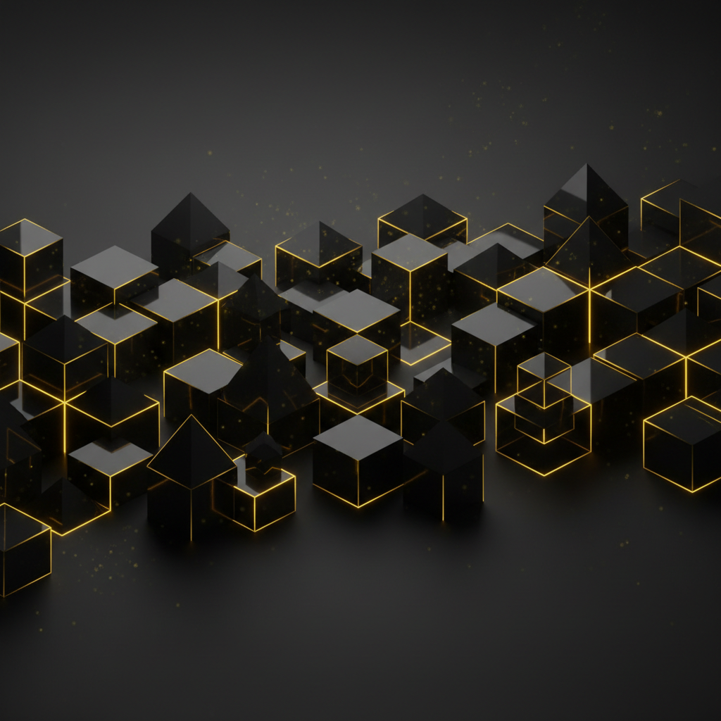 futuristic digital abstract background with black and gold geometric shapes, glowing yellow lines, dark elegant luxury style, 8k render