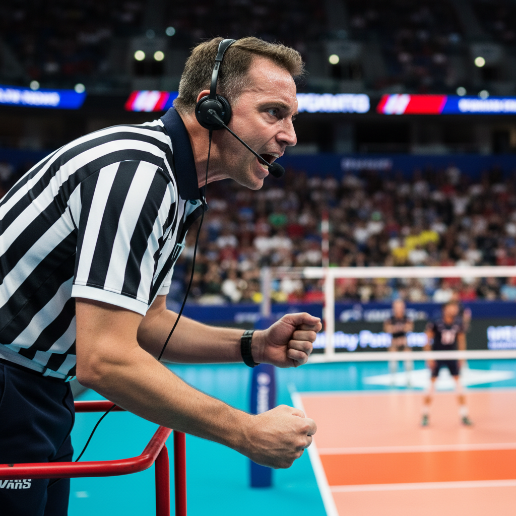 Volleyball referee communicating intensely via headset microphone, focused expression, high stakes sports environment