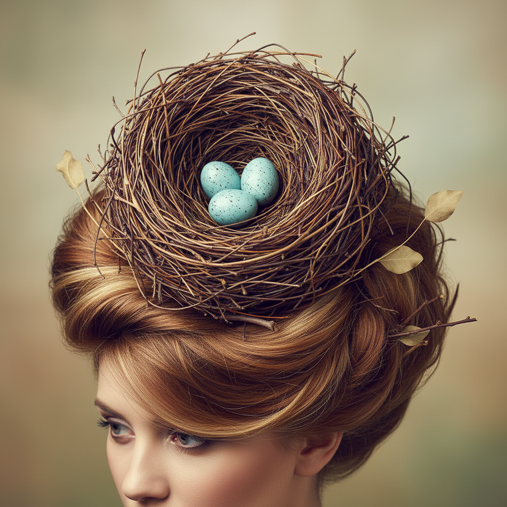 Close up photo of a hairstyle woven to look exactly like a bird nest with twigs and small eggs, artistic hair styling, studio portrait