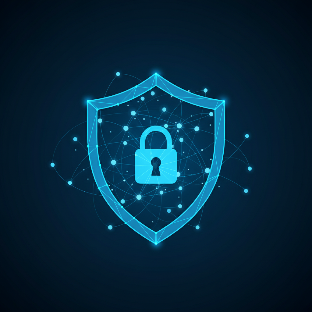 A digital blue shield with a lock, protecting a network of glowing nodes, symbolizing cyber security, clean background