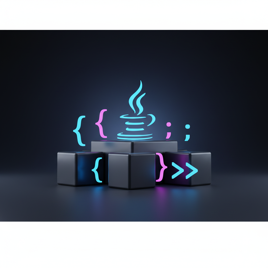 A modern, minimalist 3D illustration of building blocks or a foundation stone with Java syntax symbols like curly braces and semicolons glowing, dark background.