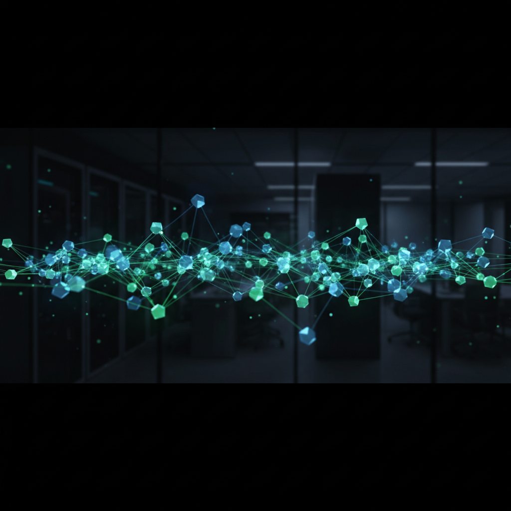 Abstract futuristic data visualization, glowing blue and green nodes connecting in a network, dark corporate background, high tech, 8k resolution, minimalist style