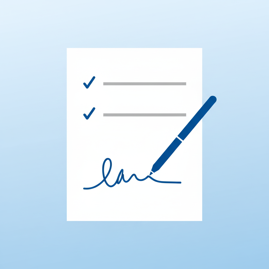 minimalist illustration of a checklist or document being signed, blue accent