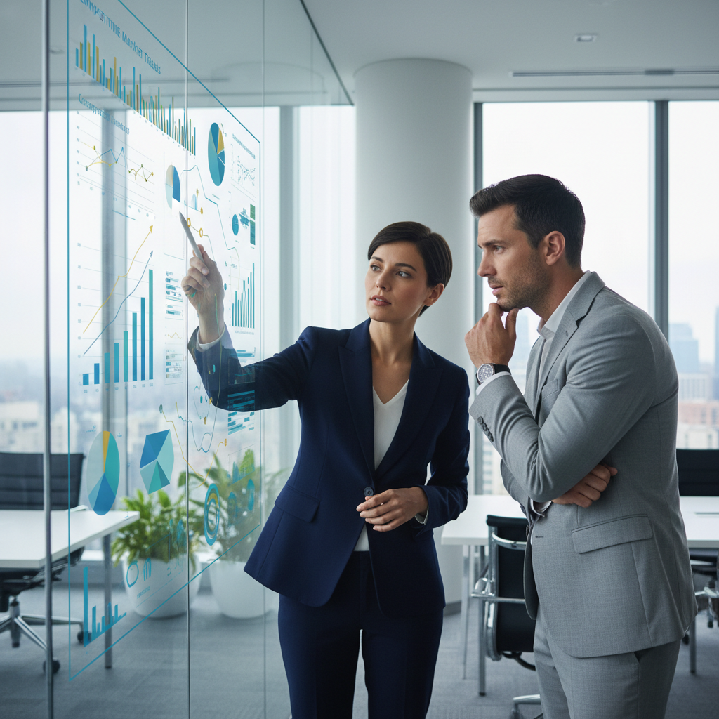 Business people analyzing competitive data on a screen, professional environment
