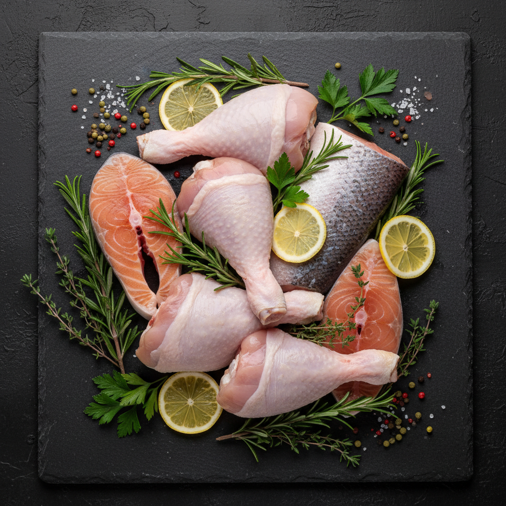 High quality artistic food photography of fresh raw chicken legs and fish steaks on a dark slate background, garnished with fresh herbs, studio lighting