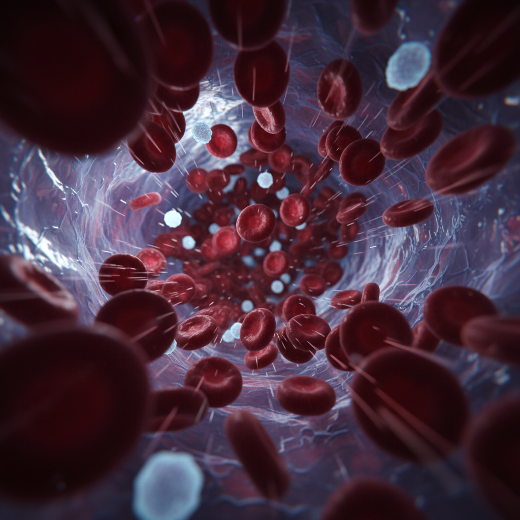 Abstract artistic macro photography of red blood cells flowing through a vein, cinematic lighting, deep red and soft blue hues, high detail, 8k resolution, smooth liquid flow