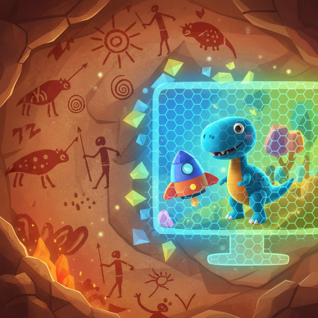 A warm, colorful illustration showing a transition from a primitive cave painting on a stone wall on the left to a bright modern computer screen on the right, connecting history, 3d render style, kid friendly