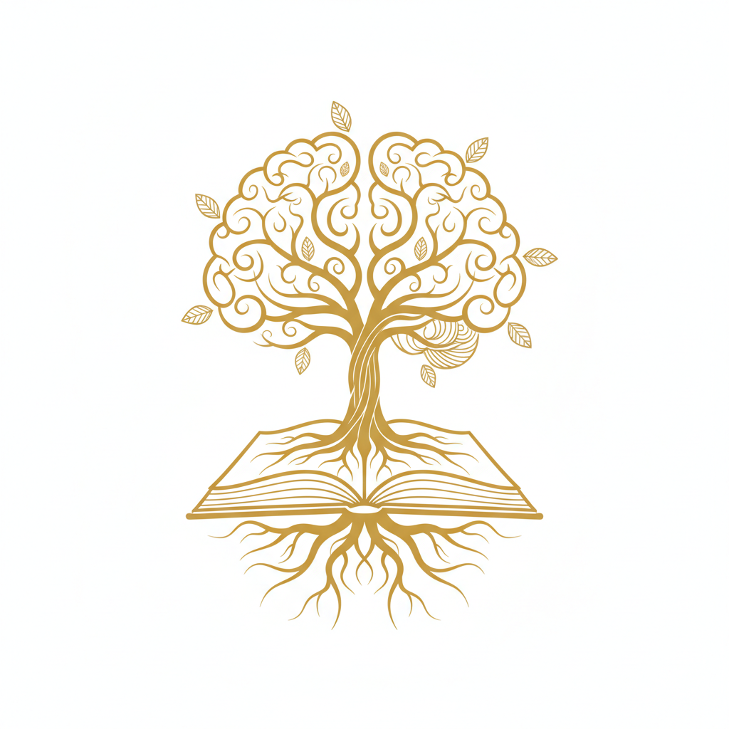 Abstract artistic line drawing of a tree growing out of an open book, representing continuous learning. Gold lines on white background.
