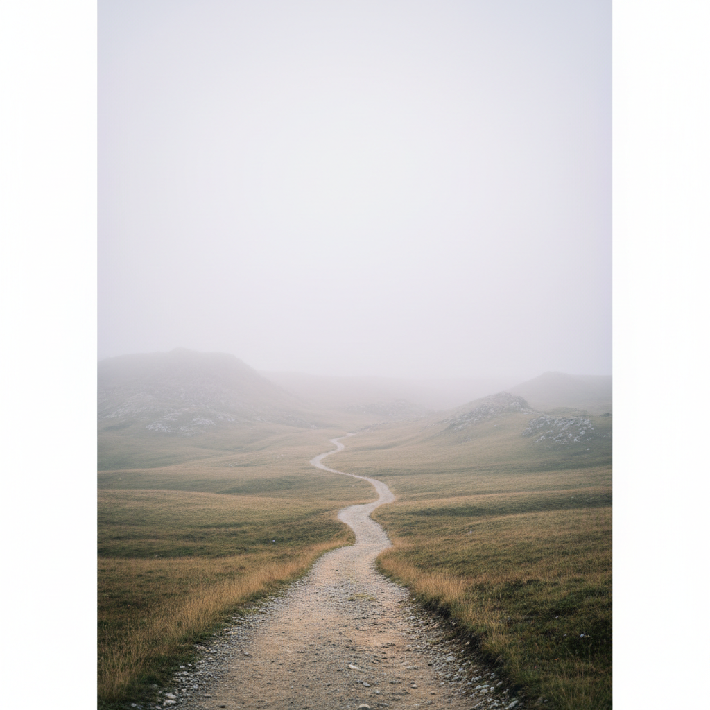 minimalist landscape of a single path through a vast terrain, calm, serene, adventure, muted colors, fog, solitude