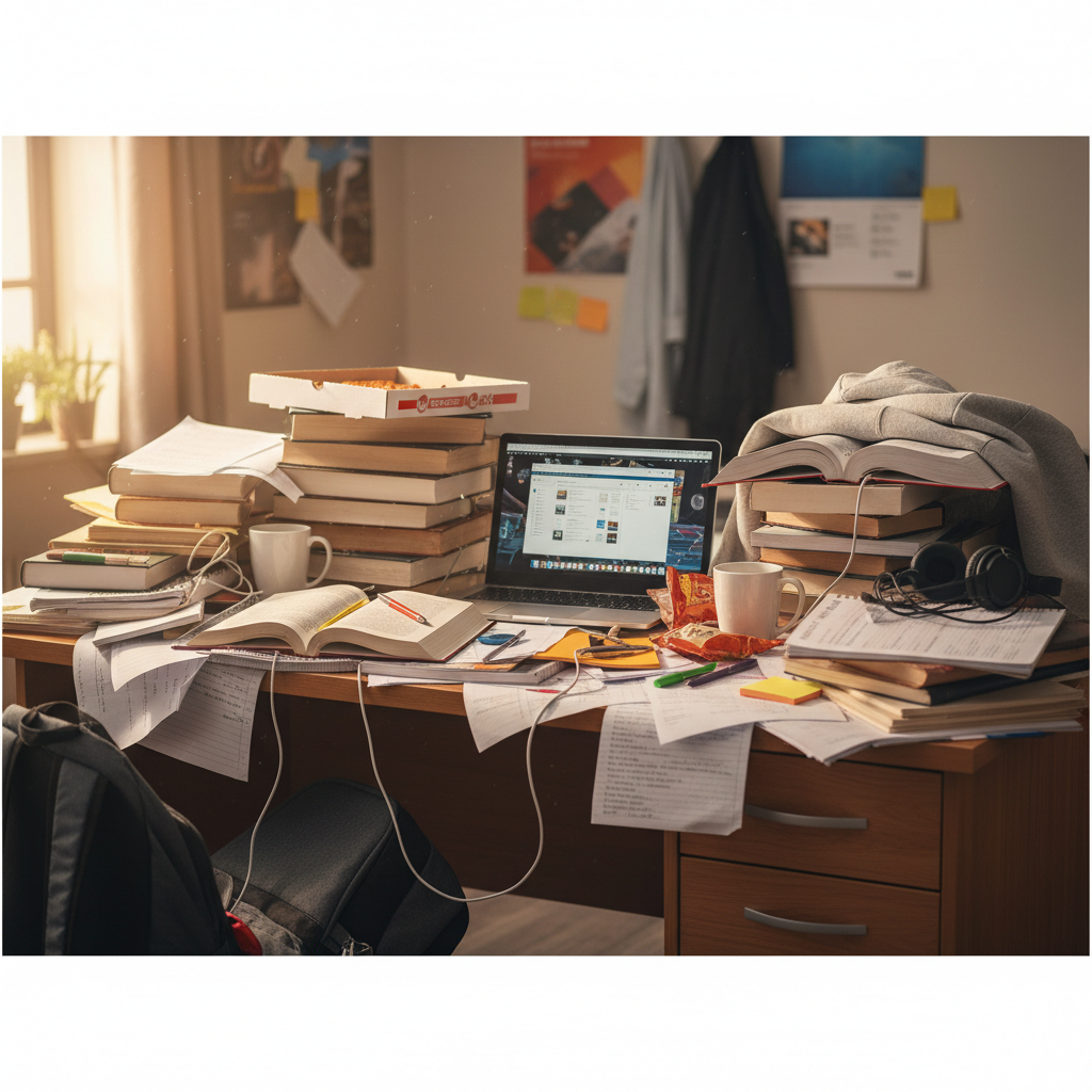 A chaotic messy student desk piled high with papers, books, notes, and a laptop, displaying confusion and lack of organization, photorealistic