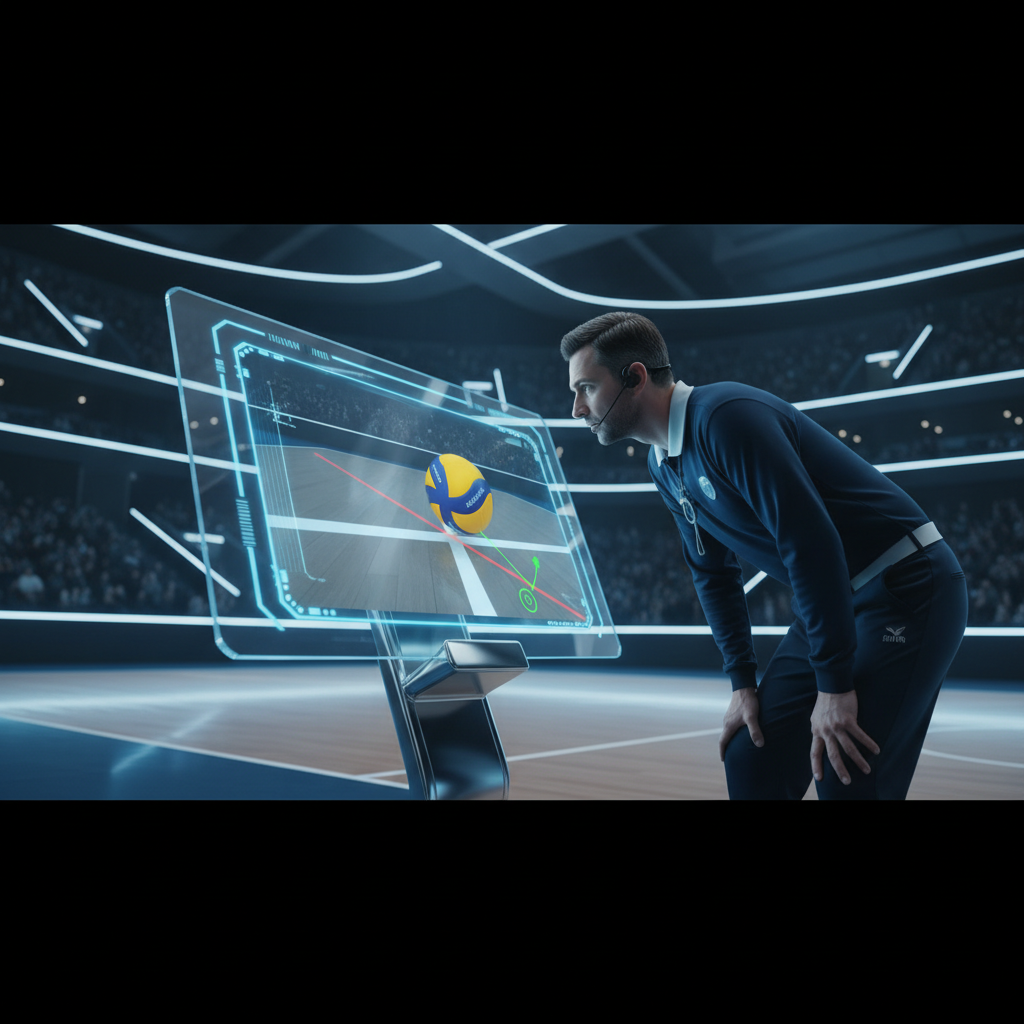 Modern volleyball referee reviewing a play on a digital monitor screen, high tech sports environment, focus on the screen showing a ball line call
