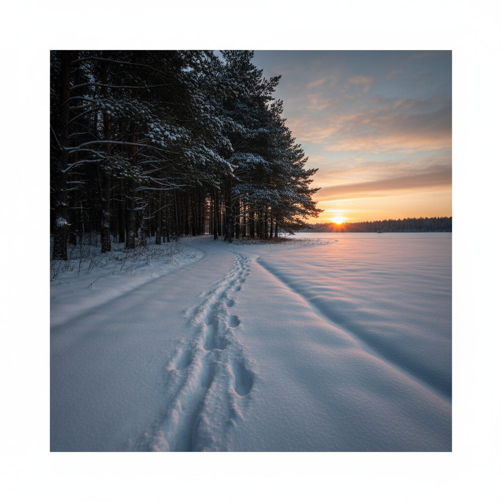 Horse tracks leading away from dark woods into a snowy path, sunrise approaching suitable for conclusion