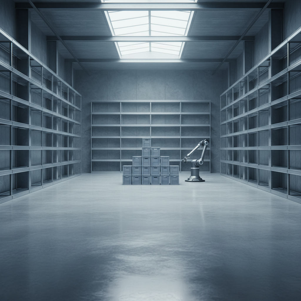 minimalist warehouse with very few boxes, highly organized, conveying the concept of zero inventory