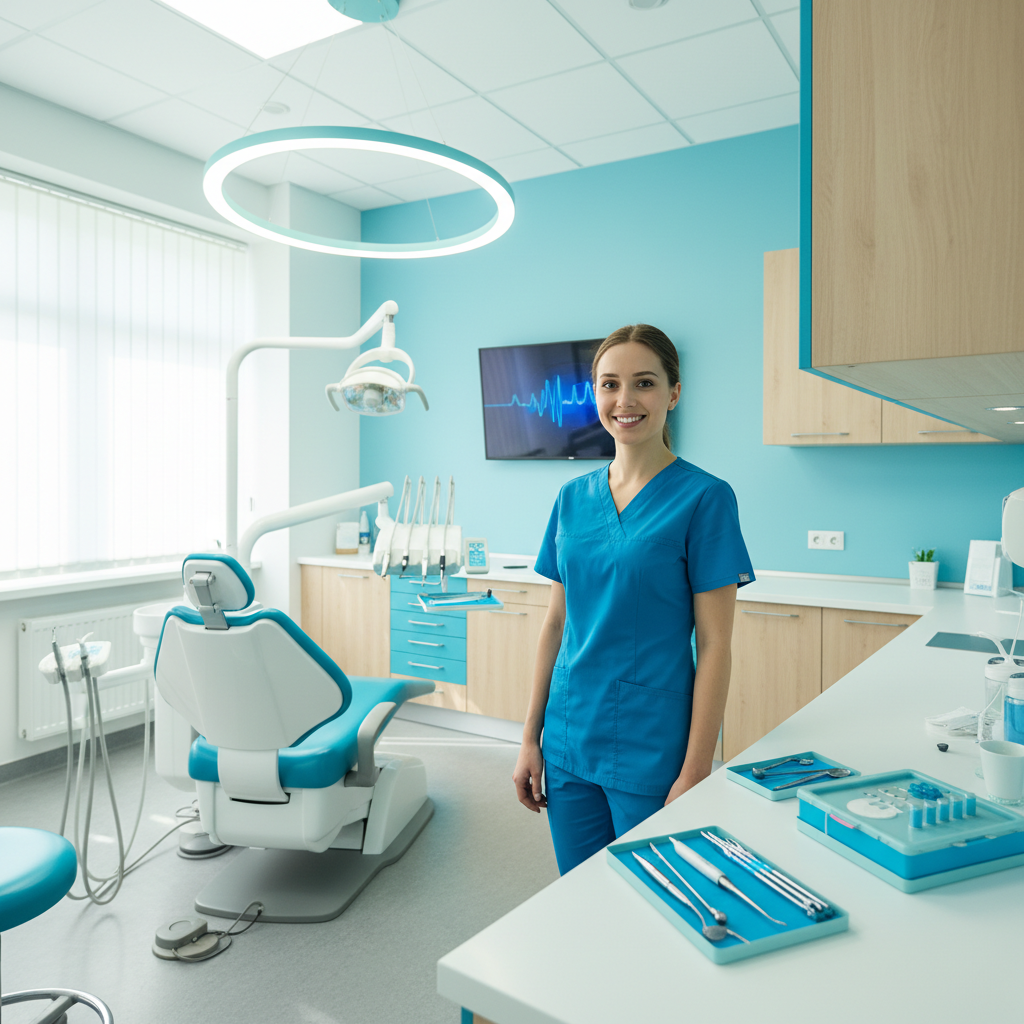 friendly dental hygienist smiling in a modern dental office, bright blue teal aesthetic, 4k photorealistic, soft lighting