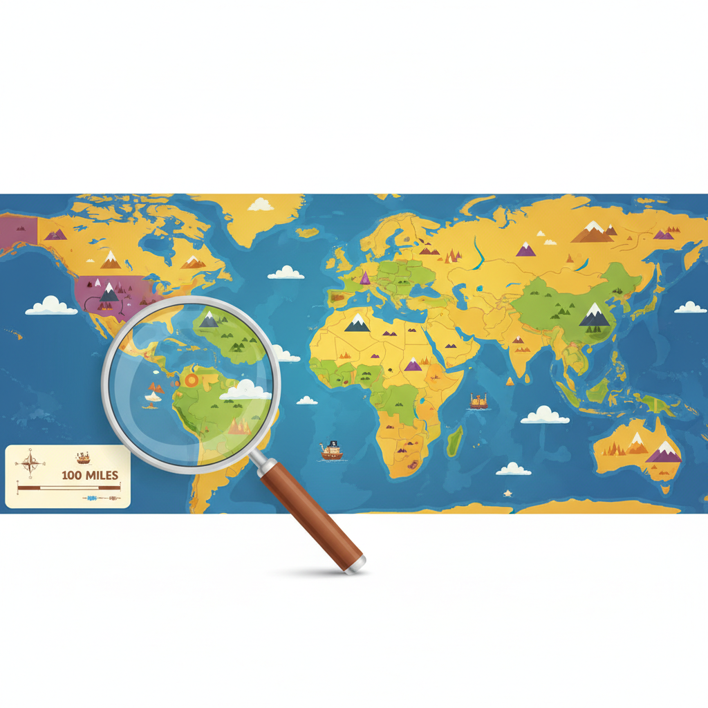 colorful map with a magnifying glass showing scale, cartoon style geographic map