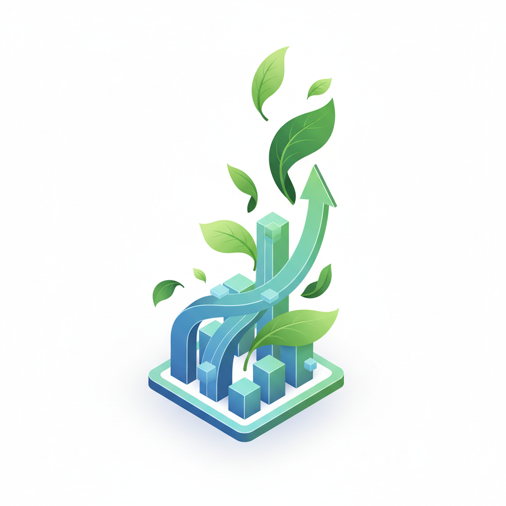 Abstract representation of financial growth charts transforming into green leaves, clean white background, isometric 3d style