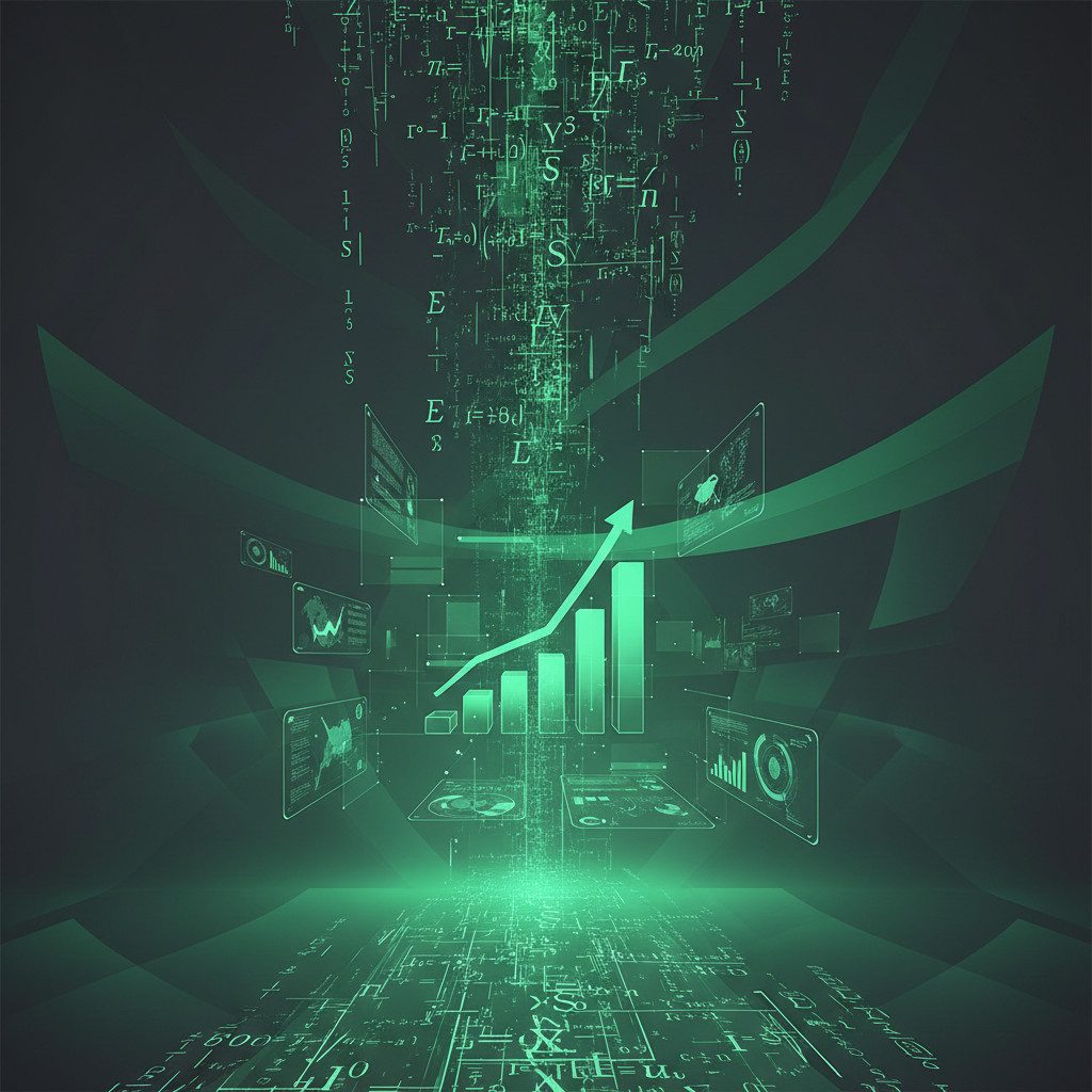 futuristic education technology concept, glowing mathematical formulas and upward trending graph, emerald green and slate grey
