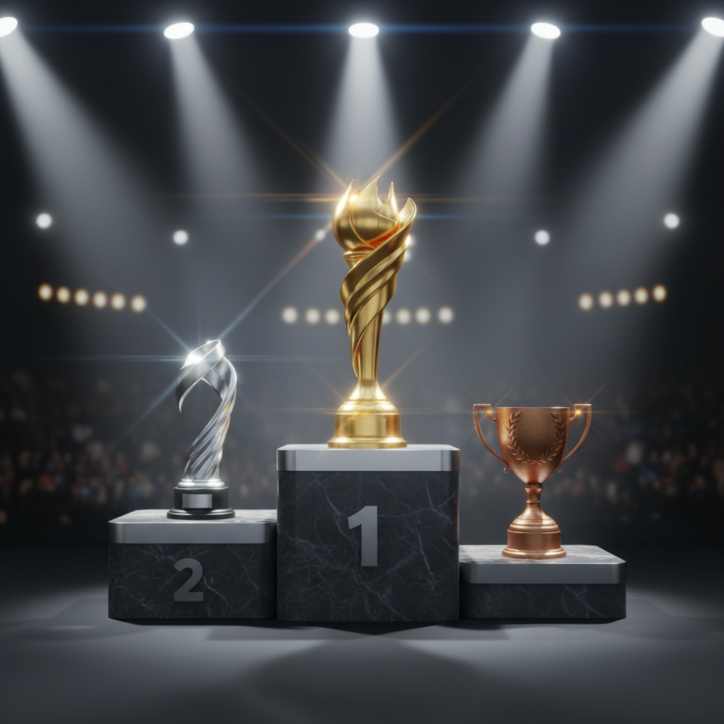 A sports podium with gold, silver, and bronze trophies shining under a spotlight, 3d render