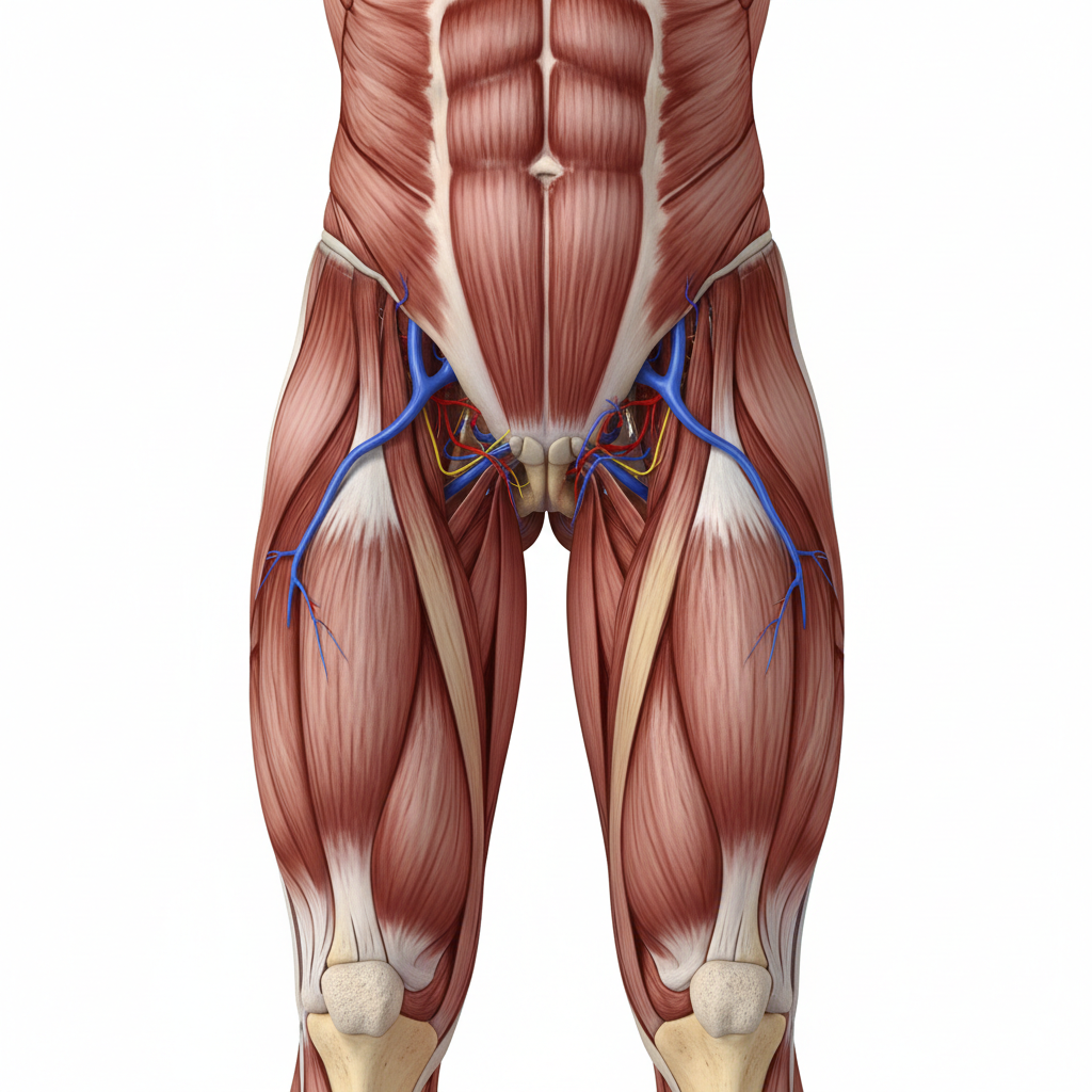 Anterior view of the thigh focusing on the adductor magnus, longus, and brevis muscles, medical anatomy style, white background