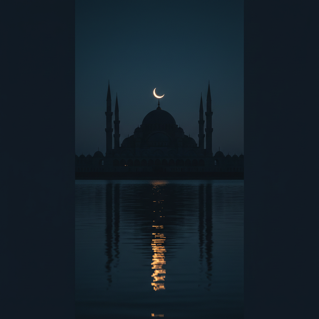 A serene night scene featuring a silhouette of a grand mosque with a crescent moon in the sky, reflecting on calm water, peaceful atmosphere, minimal style, dark blue and gold color palette