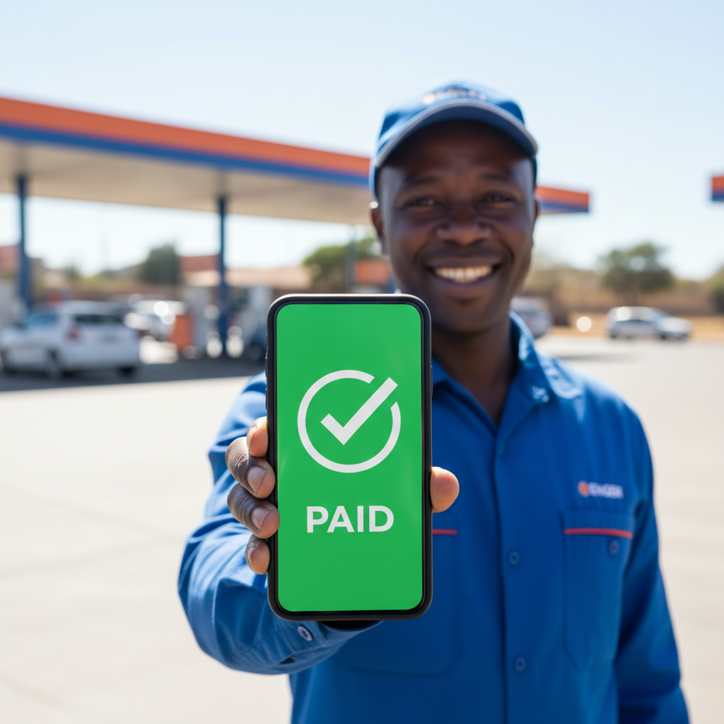 A close-up view of a South African petrol attendant holding his smartphone towards the camera, as if showing it to a driver. The smartphone screen is clearly visible and displays a large green checkmark with the word 'PAID' in bold white text. The attendant is smiling and wearing a uniform. The background shows a sunny South African petrol station forecourt, slightly blurred. Photorealistic, high quality.