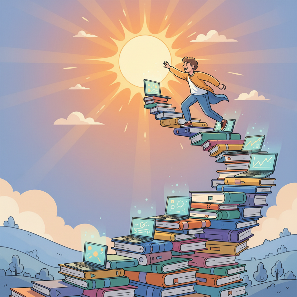 metaphorical illustration of a person climbing a colorful staircase of books and laptops towards a bright warm sun, friendly style