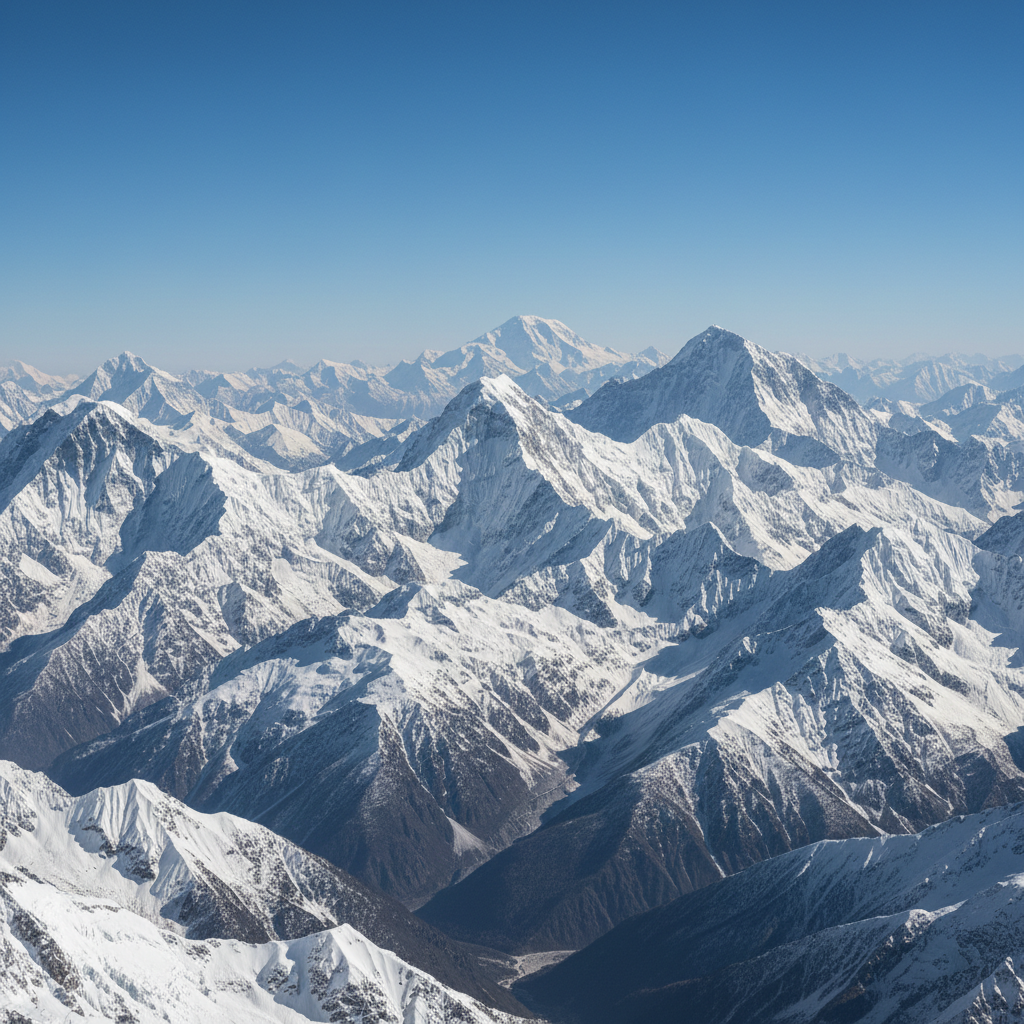 Wide panoramic view of the snow-capped Himalayan mountain range under a clear blue sky, majestic peaks, photorealistic nature photography