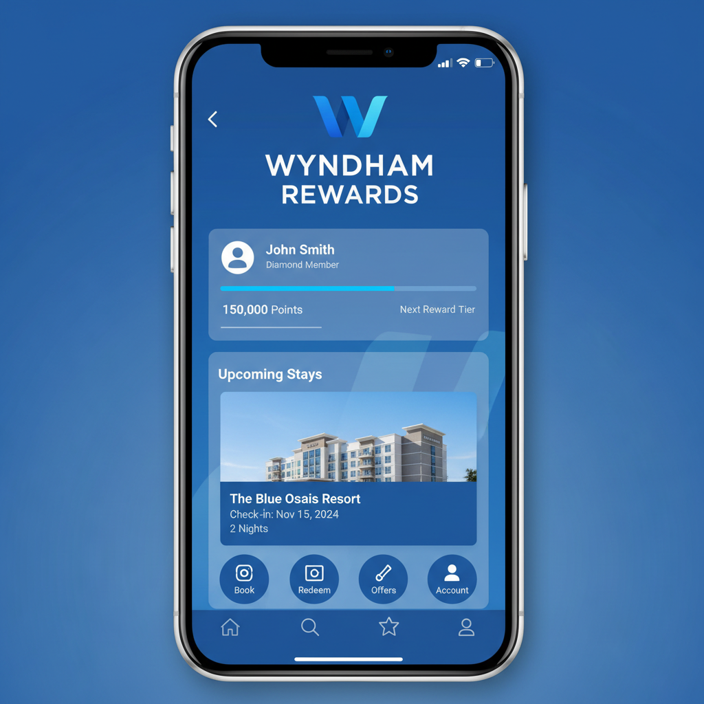 Smartphone screen showing a hotel loyalty app interface with 'Wyndham Rewards' style branding, blue tones