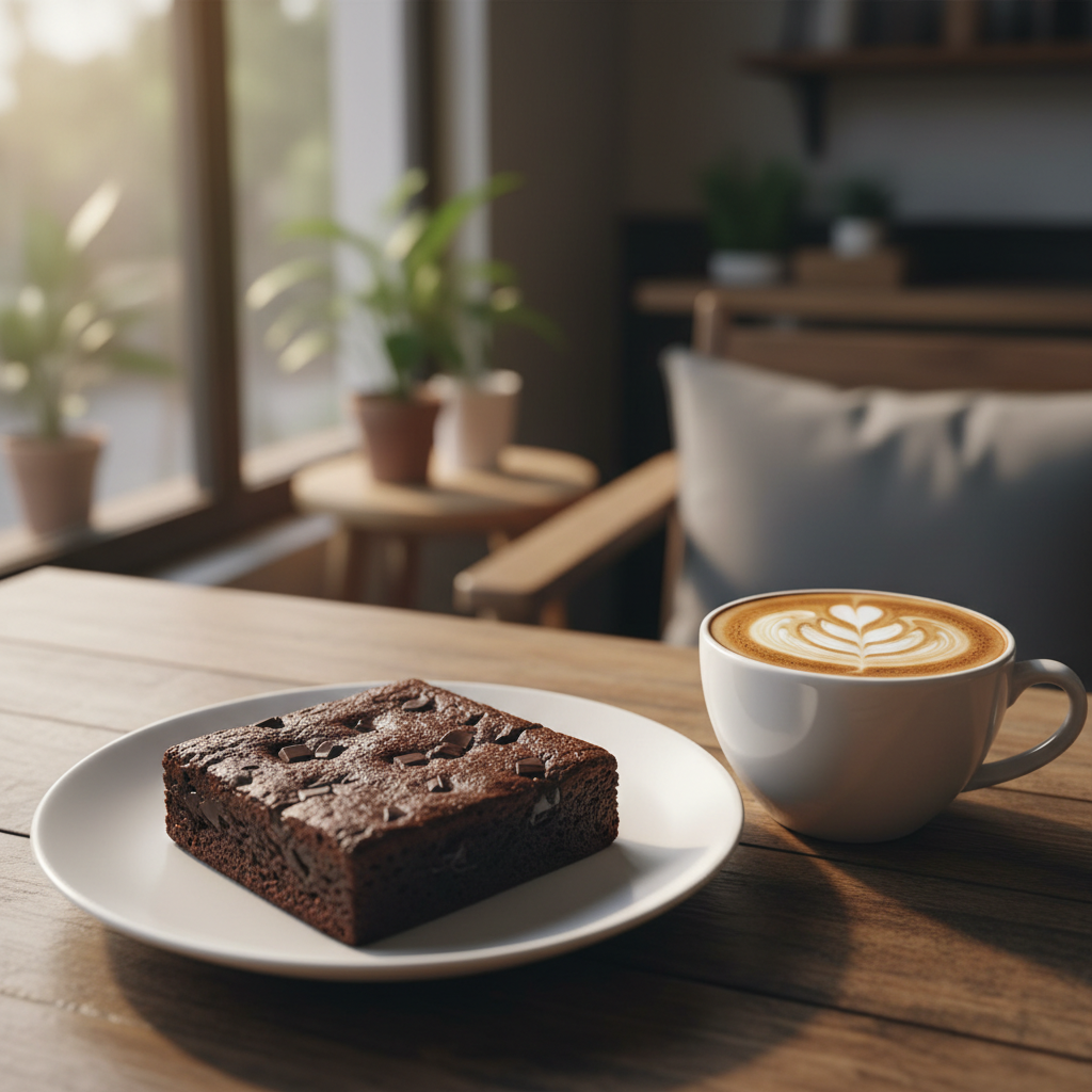 A perfect chocolate brownie on a plate next to a cup of cappuccino with latte art, cozy cafe atmosphere