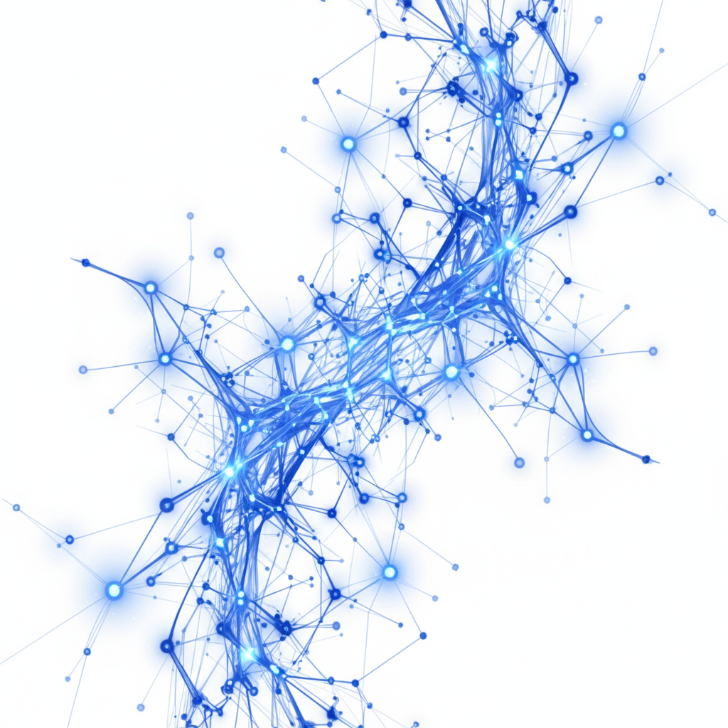 Abstract digital neural network or constellations connecting stars, white background, blue lines, symbolizing connections between concepts