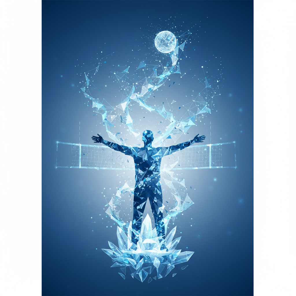 Abstract concept of future volleyball arbitration, mixture of human referee silhouette and digital data streams, blue and white palette, clean futuristic look