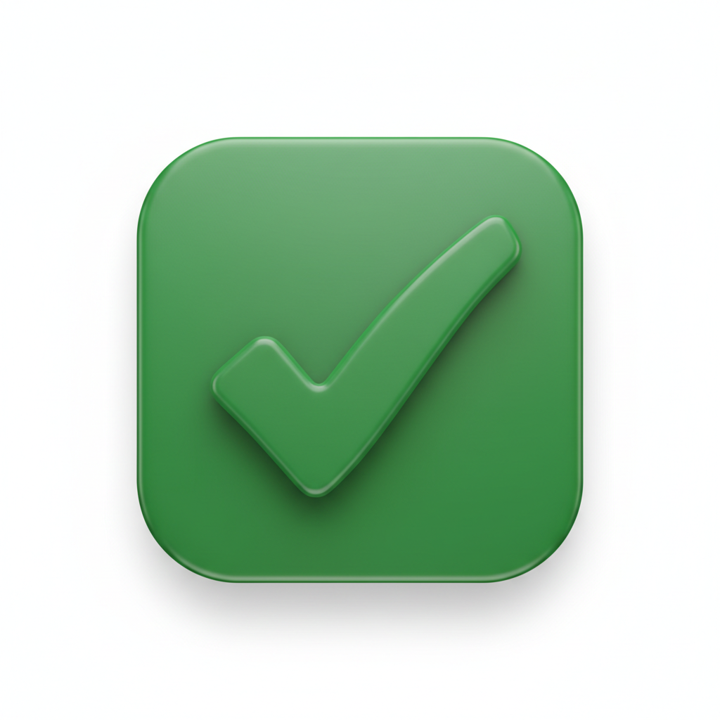 large green check mark button 3d render on white background clean minimalist symbol of approval