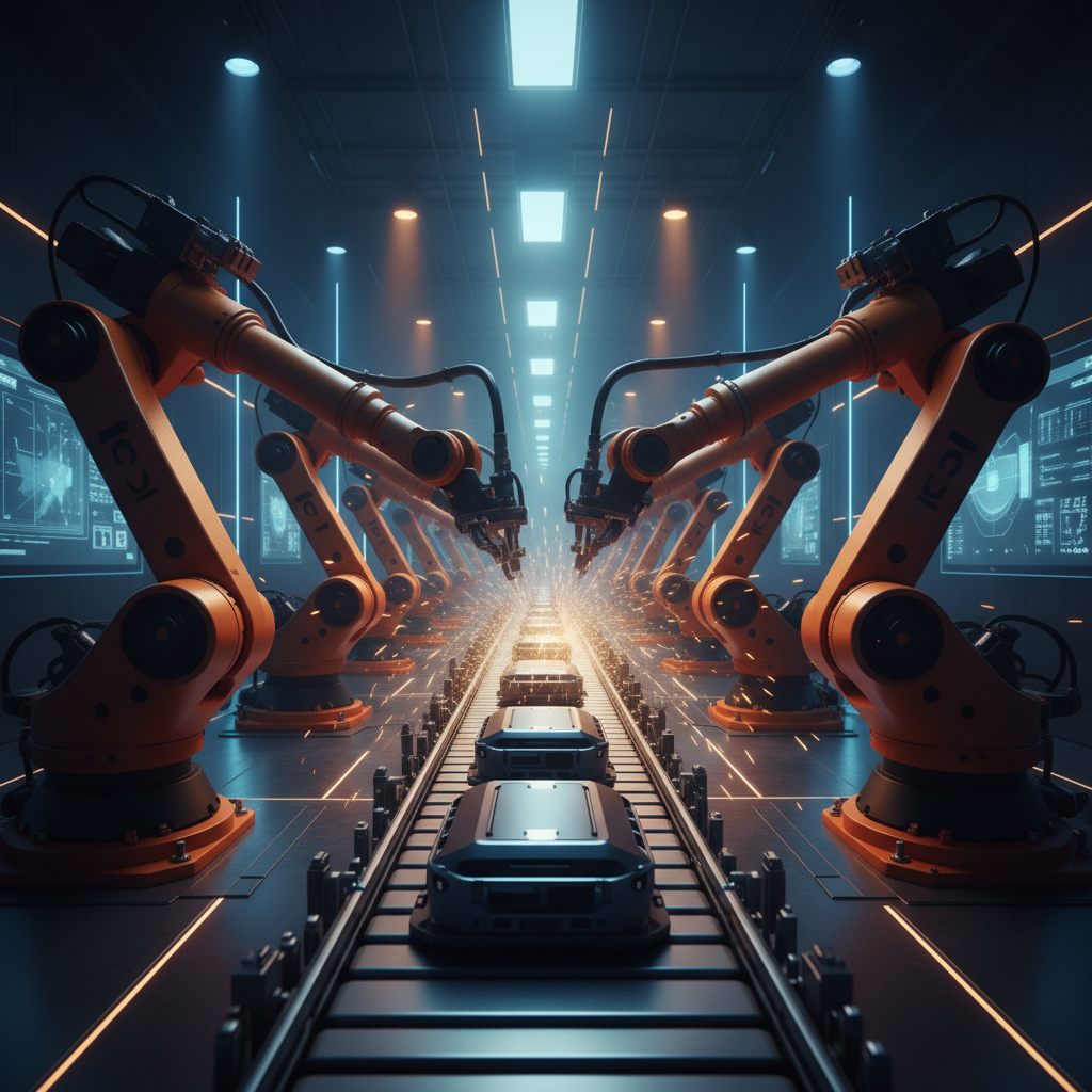 Orang industrial robotic arms assembling products on a conveyor belt in a smart factory, cinematic lighting