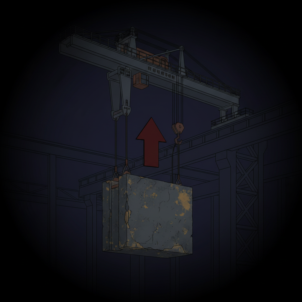 Industrial crane lifting a massive concrete block upwards, arrow pointing up indicating lift, clean simple schematic style, dark hues