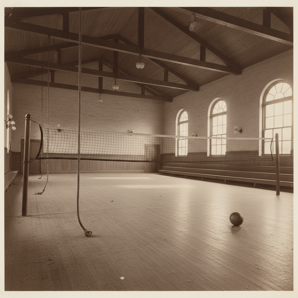 Vintage gymnasium interior circa 1895, sepia tone, leather volleyball, high tennis net strung across the room, wooden floor, historical atmosphere, no people