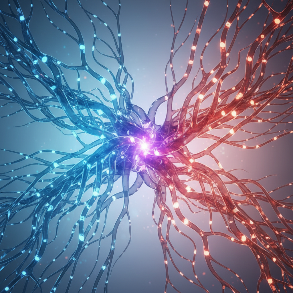 Conceptual art of a complex biological network, interconnecting vessels glowing with energy, blue and red duality, clean and modern medical aesthetic