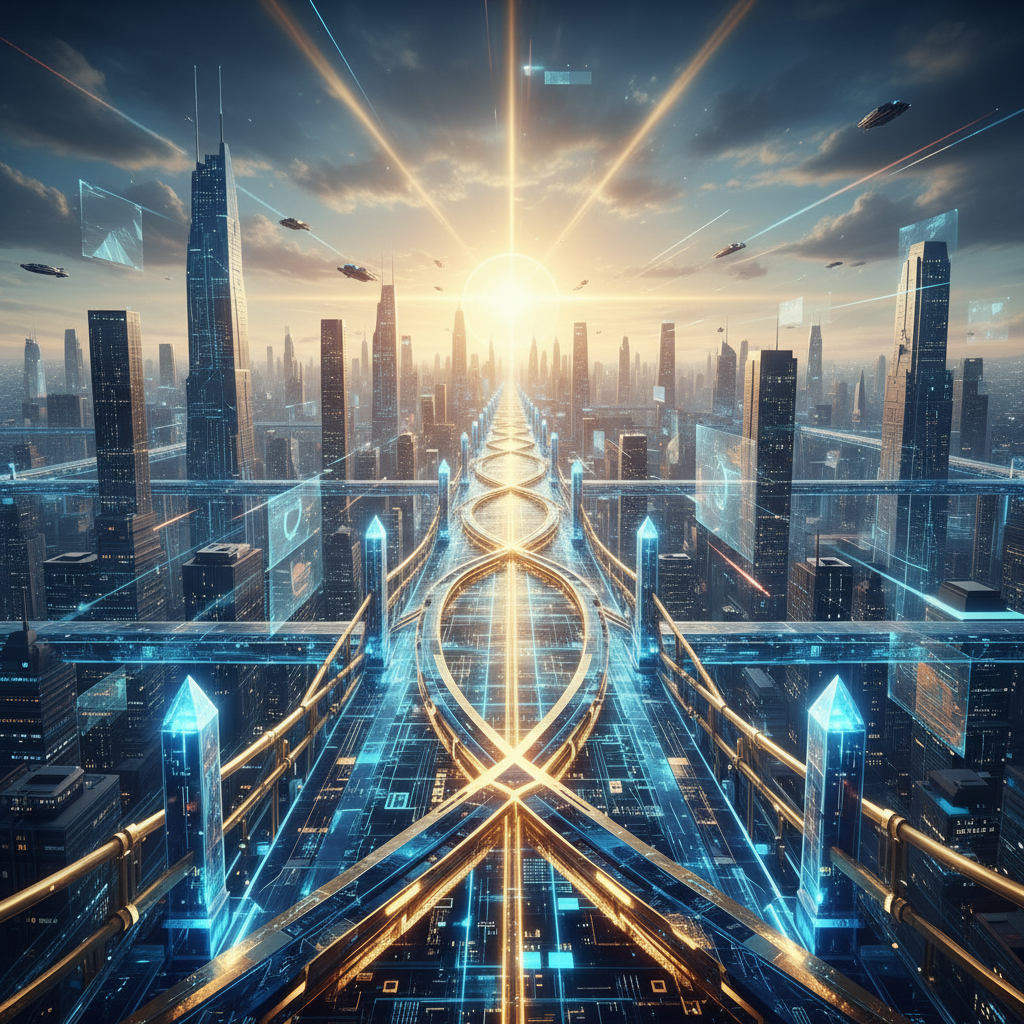 futuristic bridge leading to a bright horizon, digital cityscape, concept of growth and future, blue and gold tones