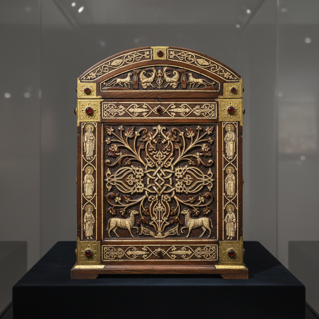 Ornate wooden Byzantine chest with ivory inlays and gold fittings, dark wood texture, intricate carving details, museum display style