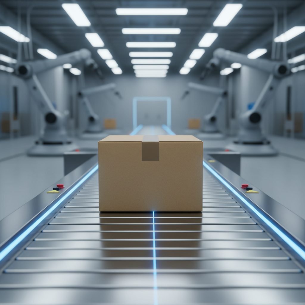 Just in time manufacturing concept, single box being delivered on a conveyor belt, precision and punctuality