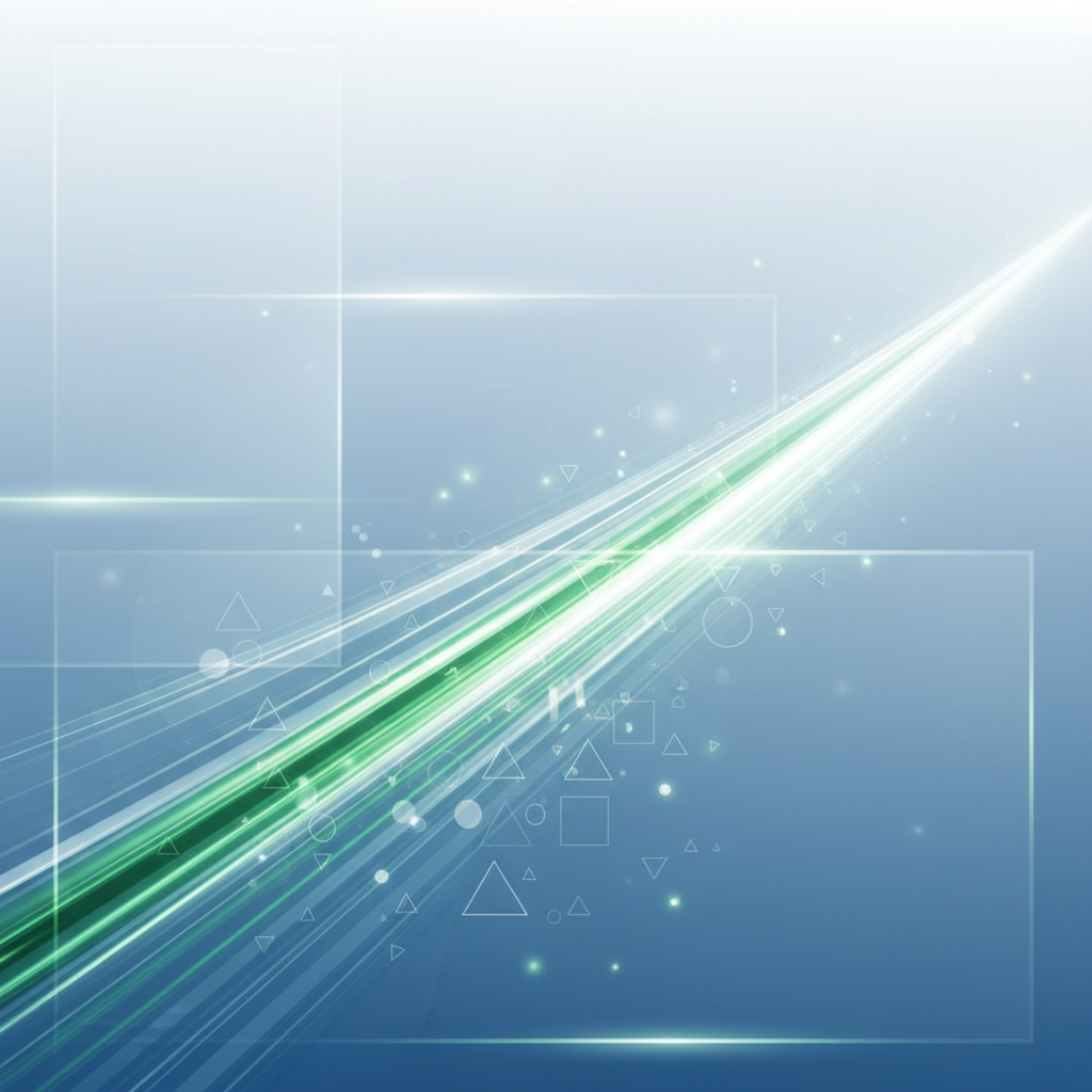 abstract concept art of streamlining efficiency, glowing lines moving fast, clean minimalist business style, green success accents