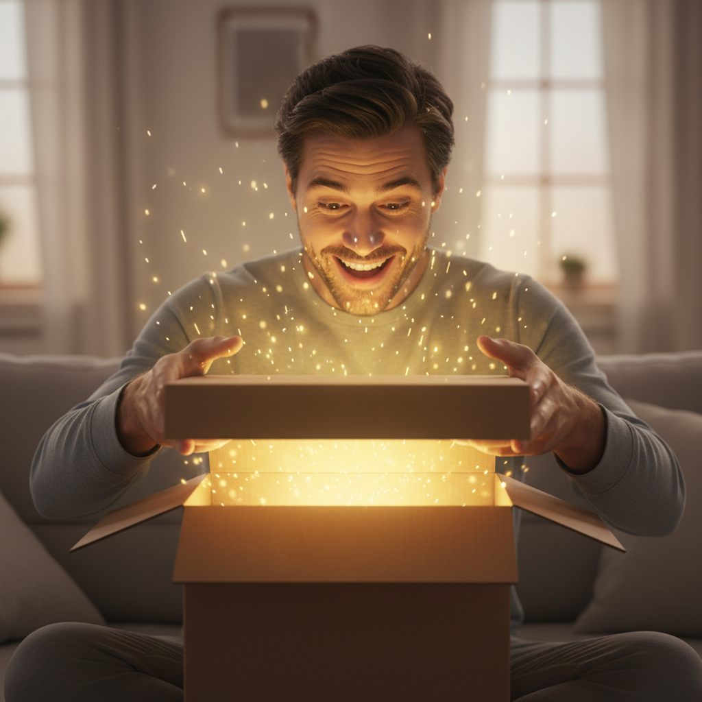 Happy customer opening a delivery box, glowing light coming from inside the box, magical feeling, excited expression, high quality photography
