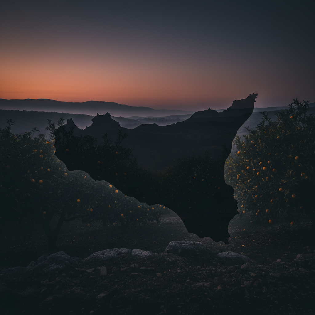 Silhouette of Sicily map, dark moody lighting, lemon groves in background