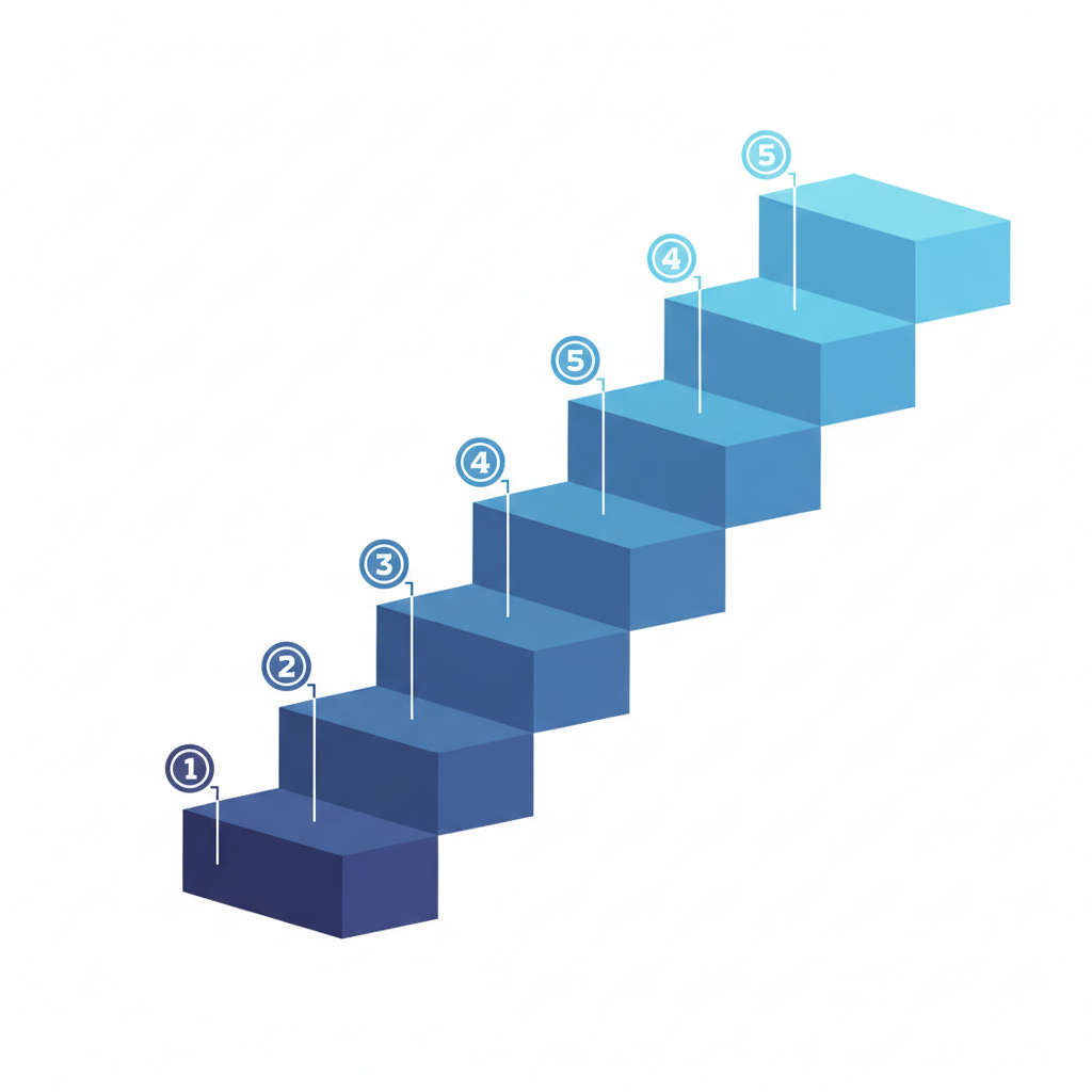 Abstract staircase infographic showing 5 steps ascending, shades of blue, minimal design, white background