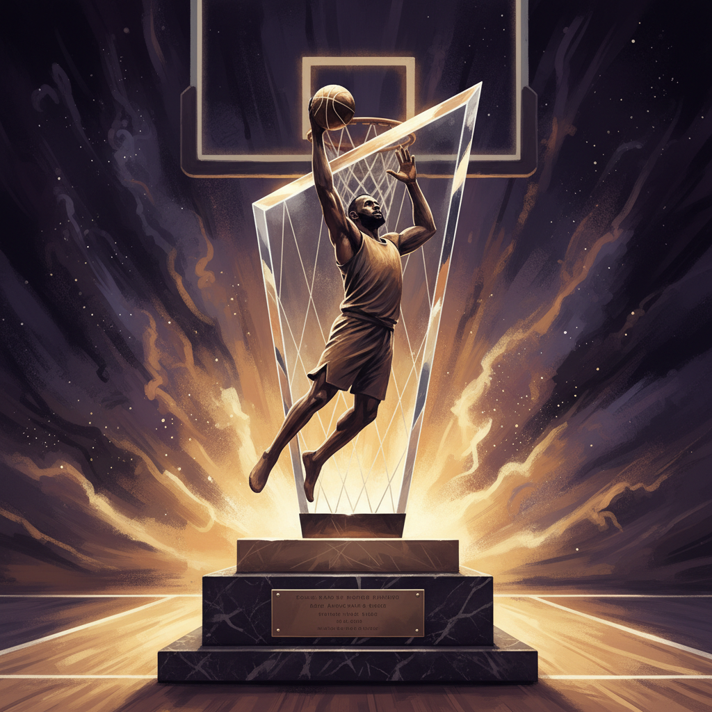 Artistic rendering of an NBA MVP trophy with LeBron James silhouette